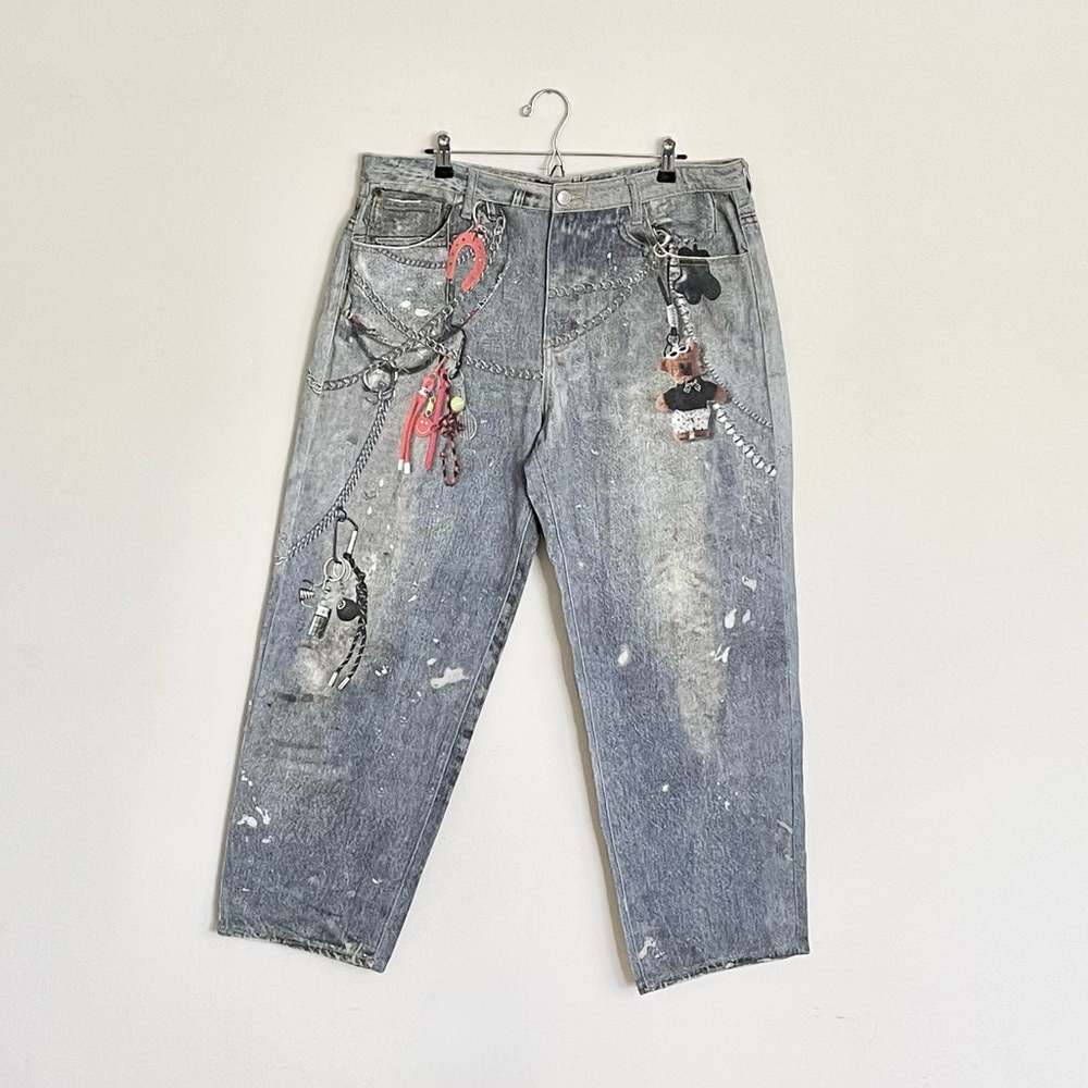 NEW NOVAMEN 3D Chain Graphic Printed Distressed Baggy Wide Leg Jeans Men’s 36